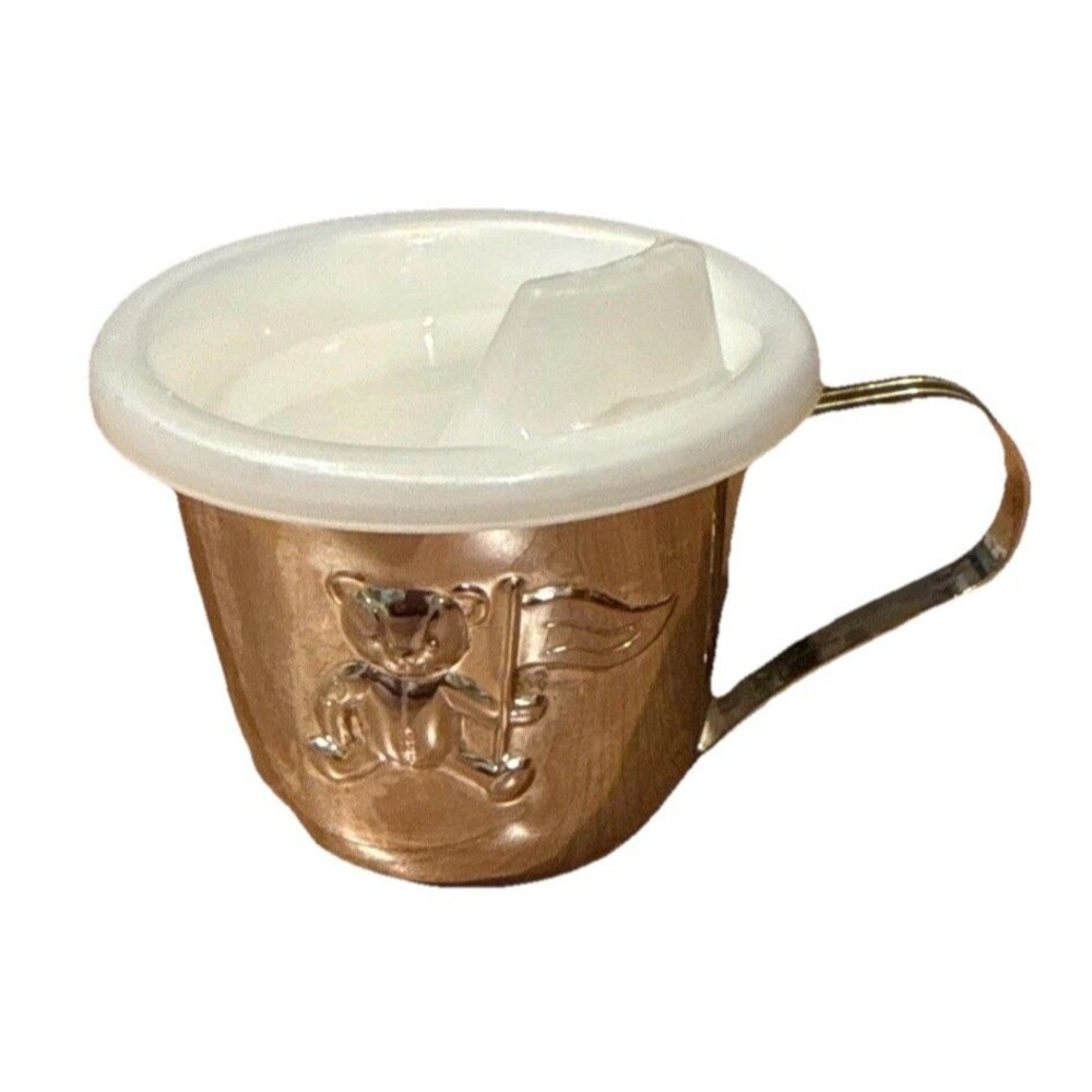 Vtg Silver Plated Baby Sippy Cup w/Lid - Bear Holding Flag Embossed